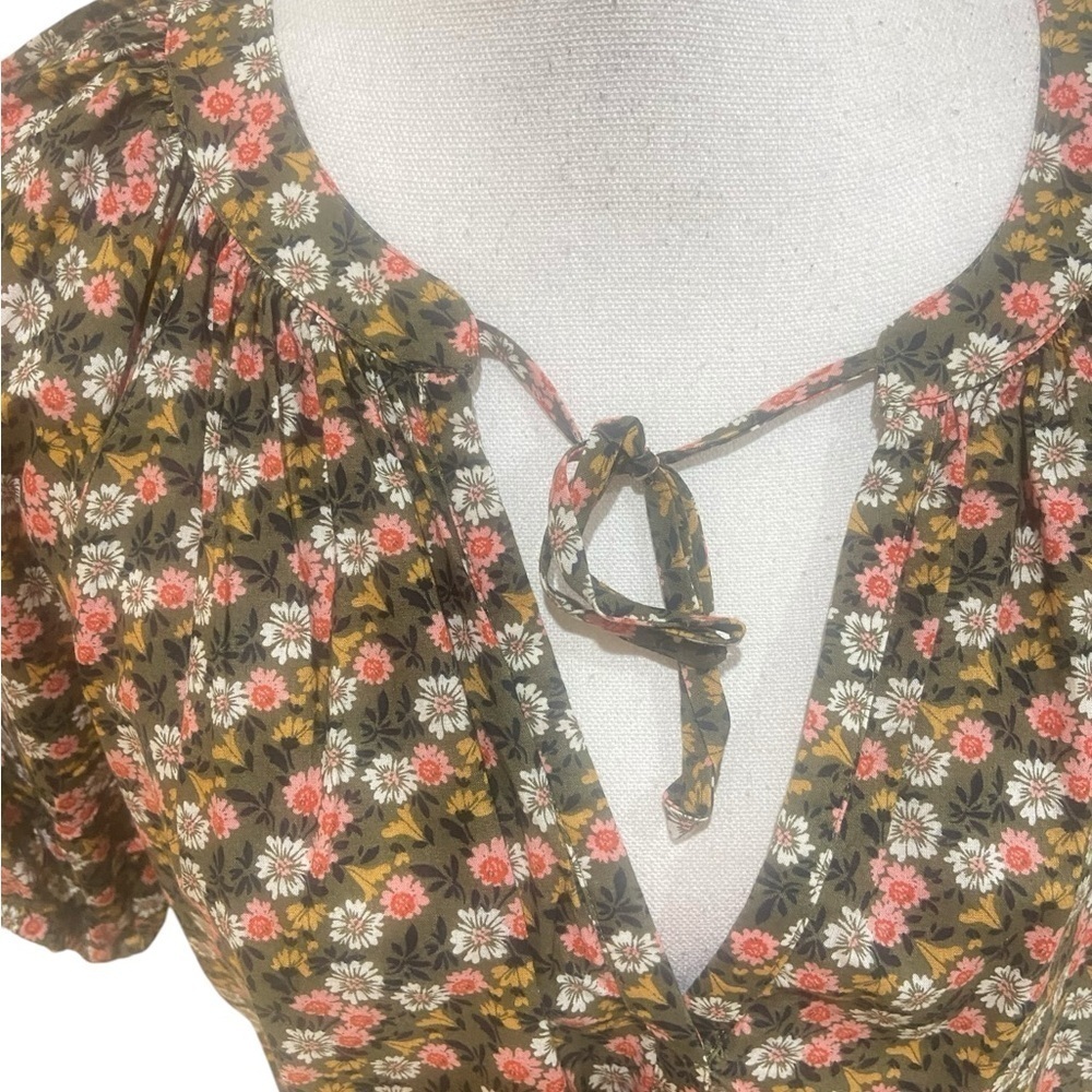 Loft olive peach floral peasant cotton blouse split neck puff sleeves medium - Picture 4 of 11